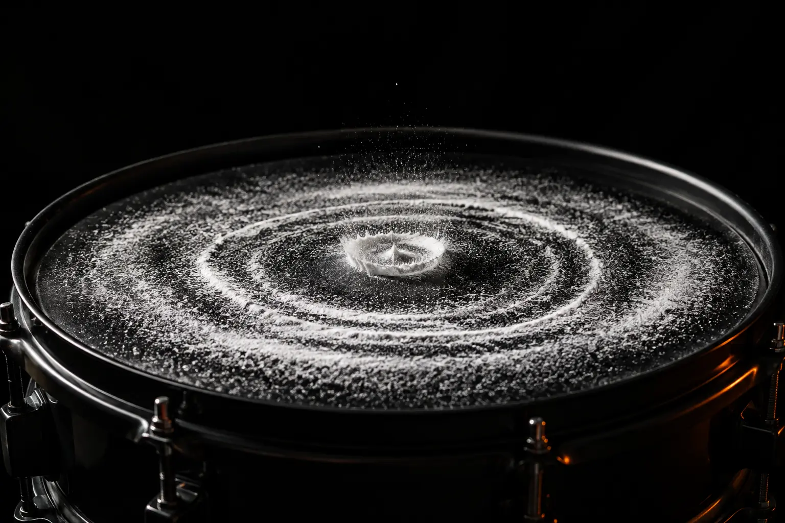 A circular powder ripple moving across a black drum head at impact