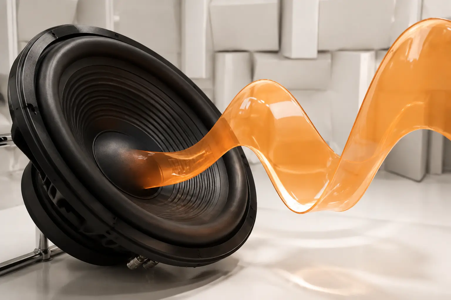 A black speaker cone projecting a translucent orange acrylic wave